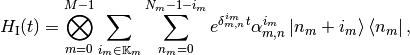 H\Int(t)=\bigotimes_{m=0}^{M-1}\sum_{i_m\in\mathbb{K}_m}\sum_{n_m=0}^{N_m-1-i_m}e^{\delta^{i_m}_{m,n}t}\alpha^{i_m}_{m,n}\ket{n_m+i_m}\bra{n_m},