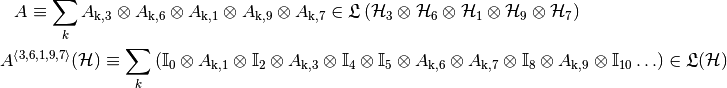 A\equiv\sum_kA_\text{k,3}\otimes A_\text{k,6}\otimes A_\text{k,1}\otimes A_\text{k,9}\otimes A_\text{k,7}\in\Lfrak\lp\HSpace_\text{3}\otimes\HSpace_\text{6}\otimes\HSpace_\text{1}\otimes\HSpace_\text{9}\otimes\HSpace_\text{7}\rp

A^{\avr{3,6,1,9,7}}(\HSpace)\equiv\sum_k\lp\idop_0\otimes A_\text{k,1}\otimes\idop_2\otimes A_\text{k,3}\otimes\idop_4\otimes\idop_5\otimes A_\text{k,6}\otimes A_\text{k,7}\otimes\idop_8\otimes A_\text{k,9}\otimes\idop_{10}…\rp\in\Lfrak(\HSpace)